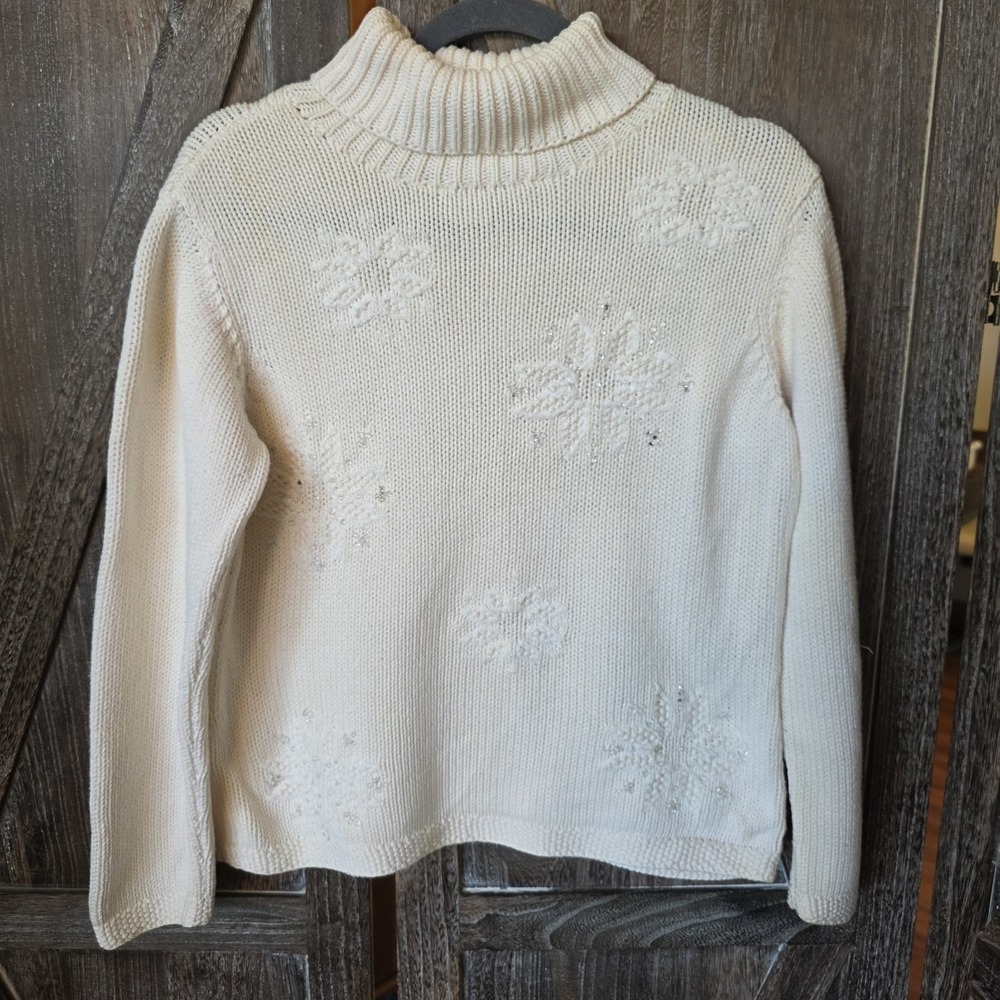 Talbots Sweater Women's Size Large Ivory Snowflake Embroidery Rhinestones